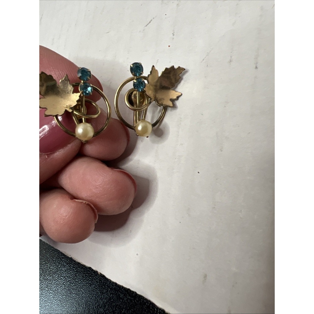 Vintage Gold Filled 12k Screw Back Earrings Leaves Pearl Rhinestone